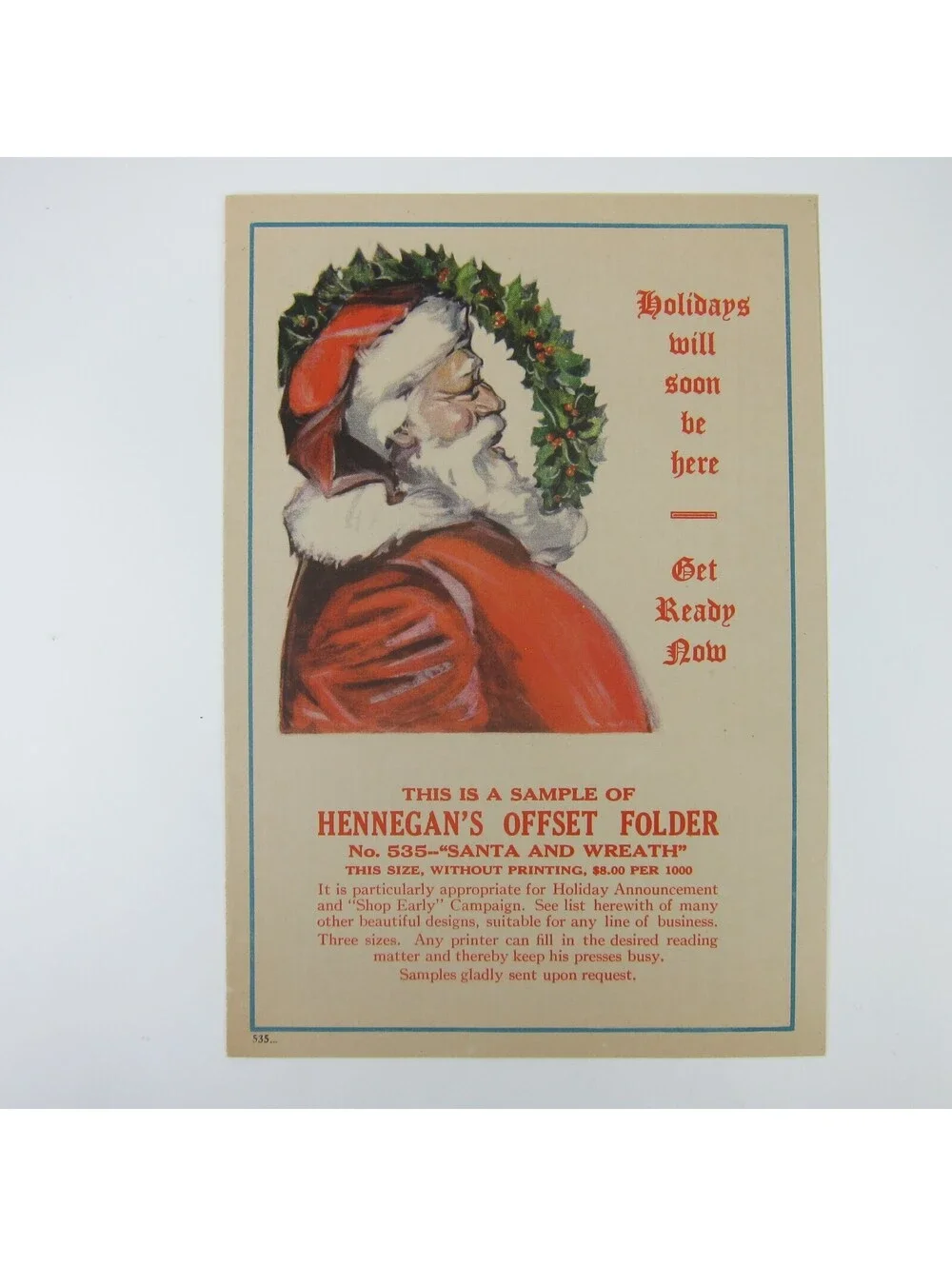 Antique 1920s Christmas Santa Wreath Stationery Ad Sample Hennegan Lithography